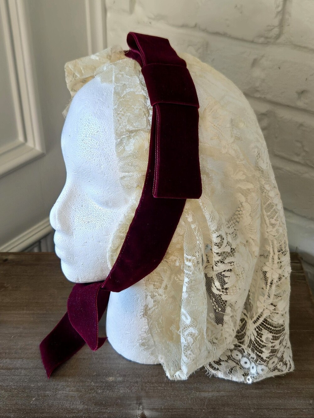 Vtg Victorian Style Lace & Velvet Ribbon Bonnet, Costume, Romantic, Party